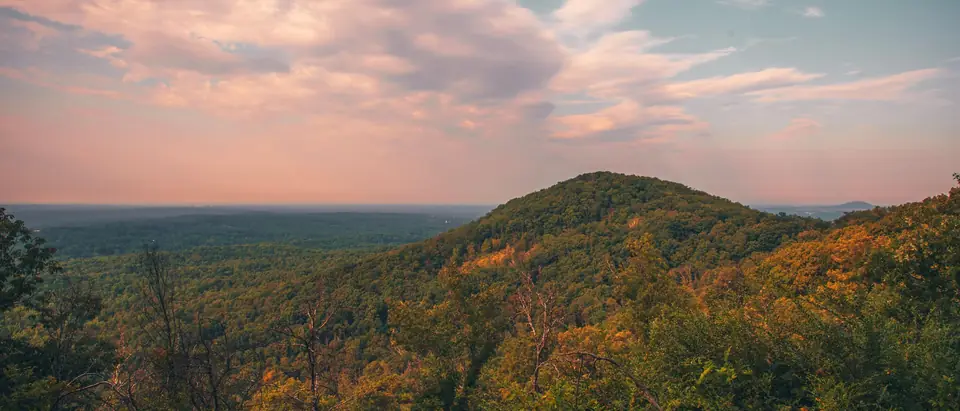 A rounded wooded ridge rising above a wide forested plain under pink evening clouds, seen from a higher slope